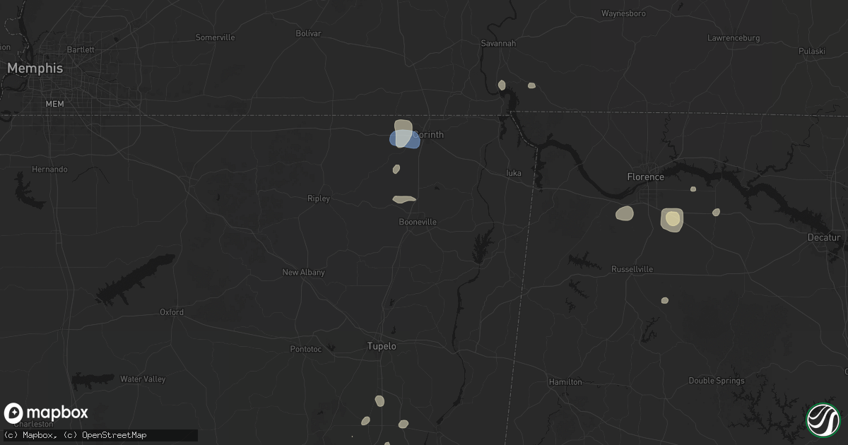 Hail map in Booneville, MS on August 9, 2026