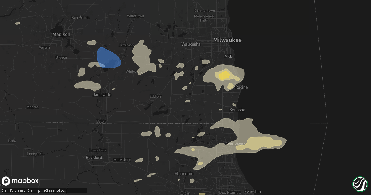 Hail map in Burlington, WI on August 9, 2026