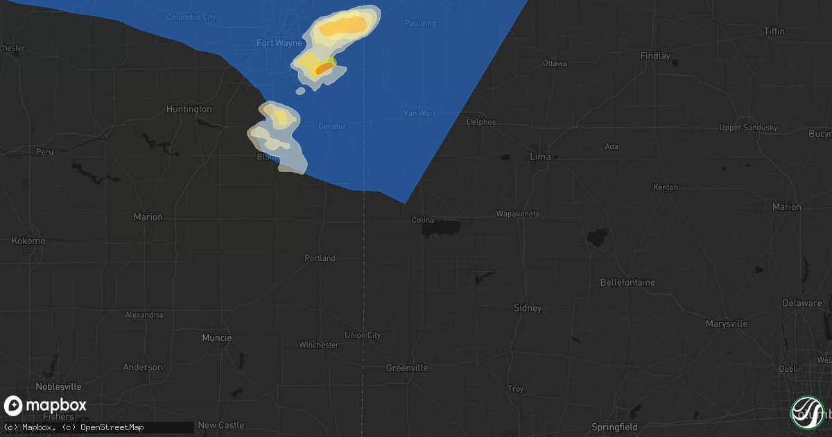 Hail map in Celina, OH on August 9, 2026