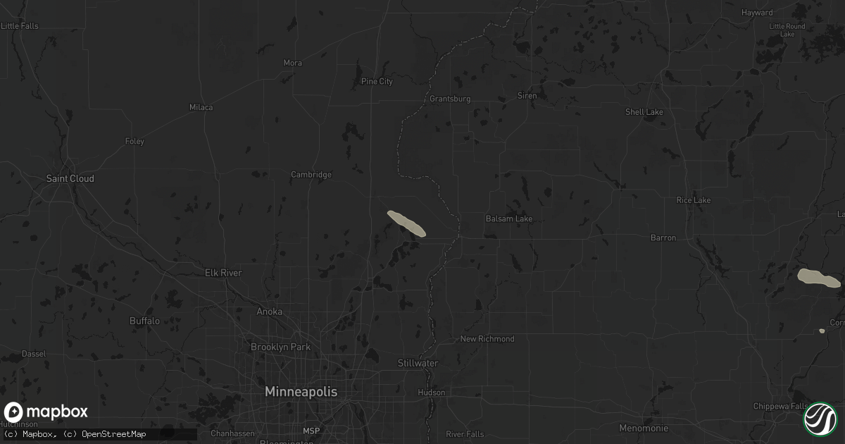 Hail map in Center City, MN on August 9, 2026