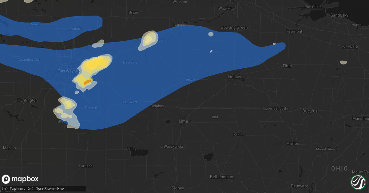 Hail map in Columbus Grove, OH on August 9, 2026