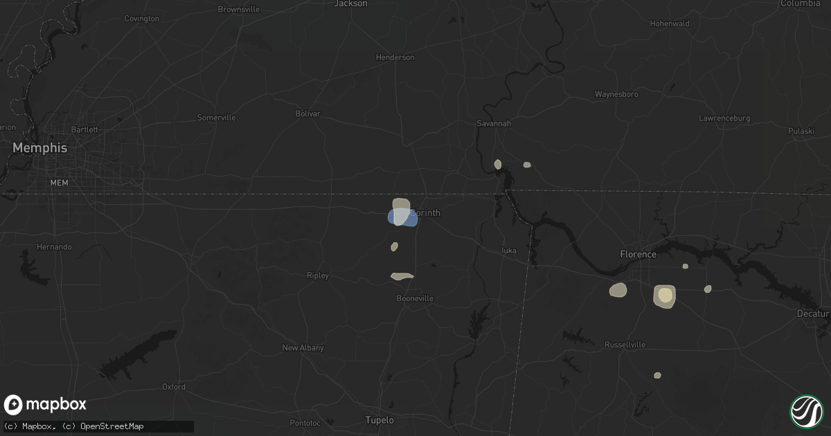 Hail map in Corinth, MS on August 9, 2026