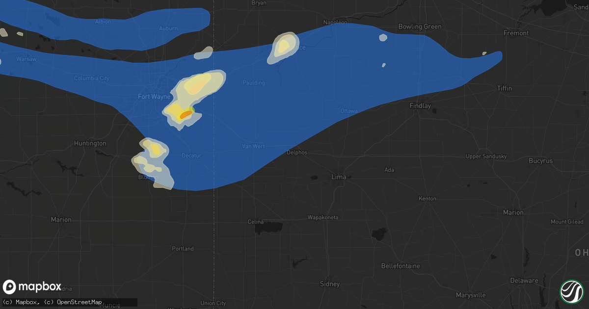 Hail map in Delphos, OH on August 9, 2026