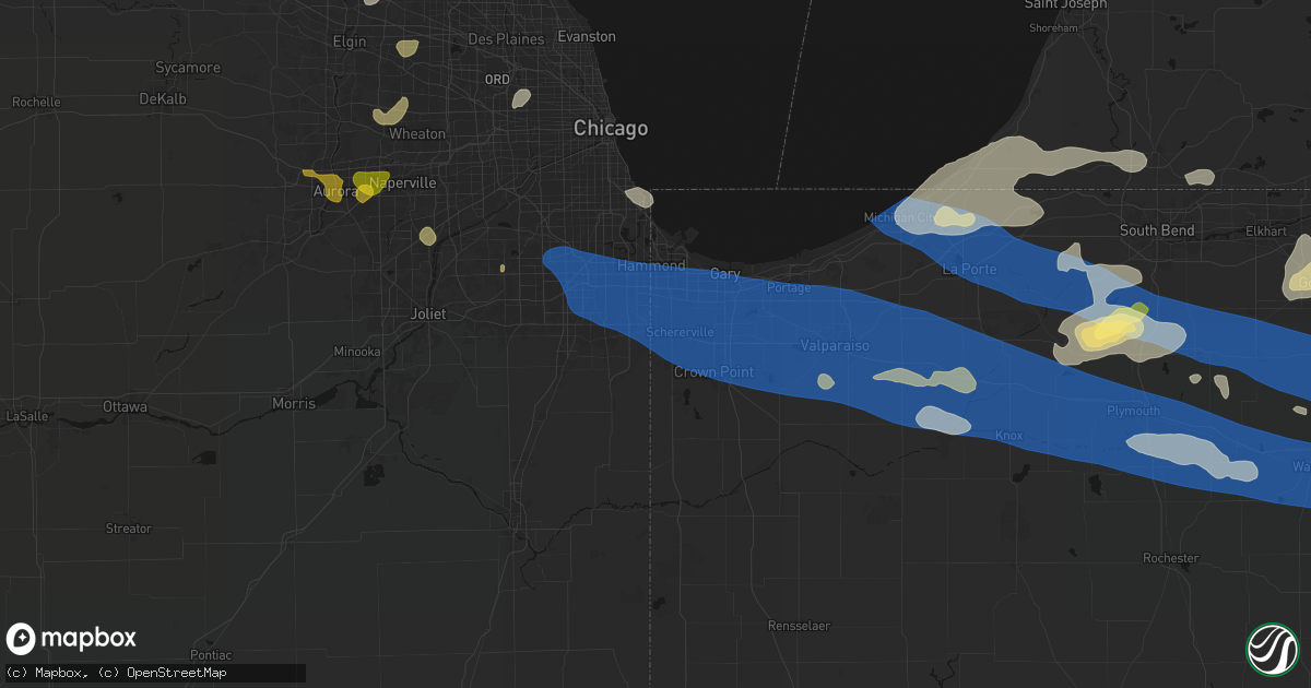 Hail map in Dyer, IN on August 9, 2026