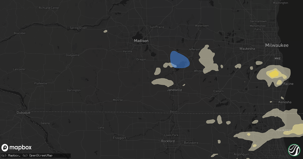 Hail map in Evansville, WI on August 9, 2026