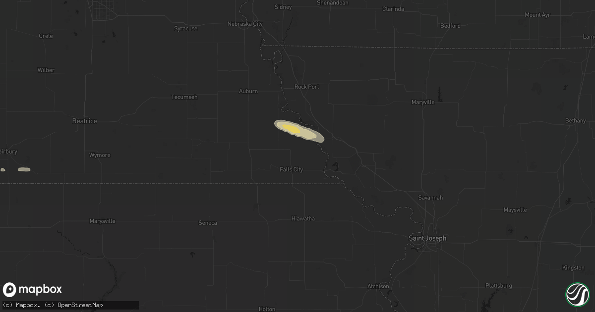 Hail map in Falls City, NE on August 9, 2026