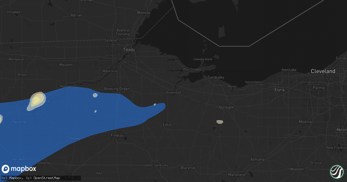 Hail map in Fremont, OH on August 9, 2026