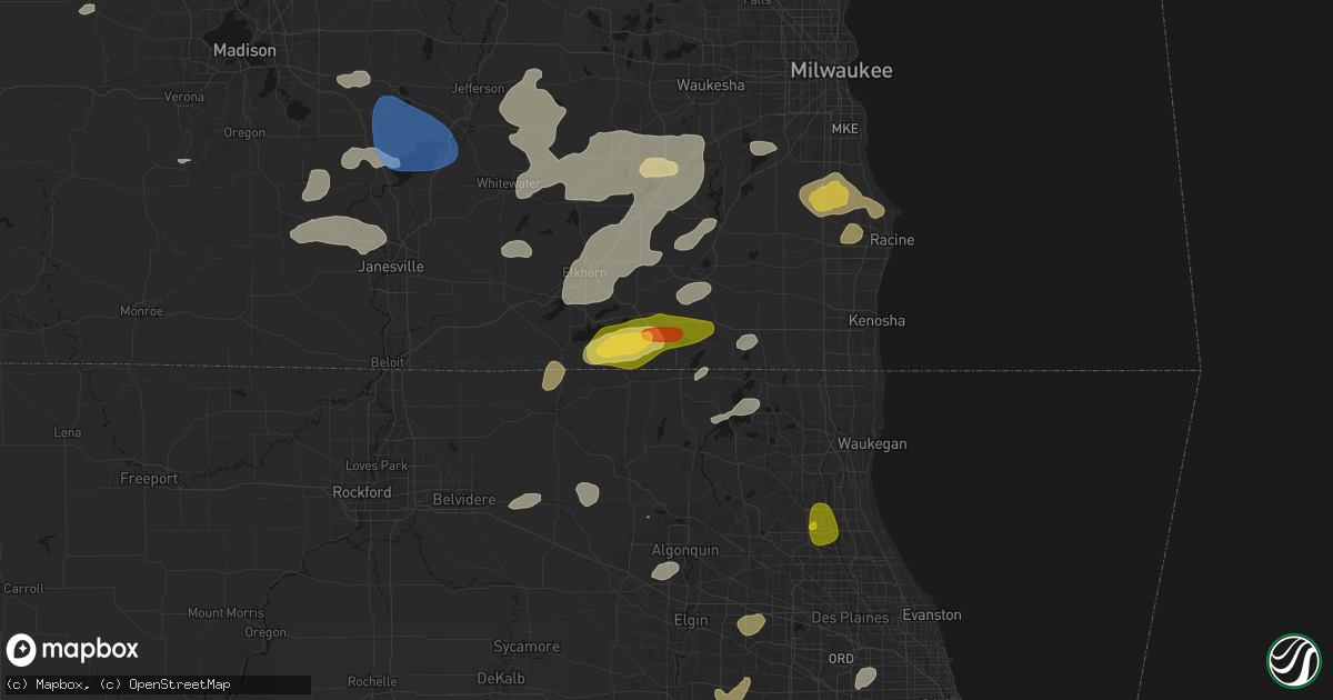 Hail map in Genoa City, WI on August 9, 2026