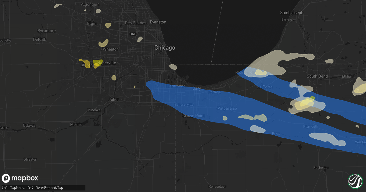 Hail map in Highland, IN on August 9, 2026