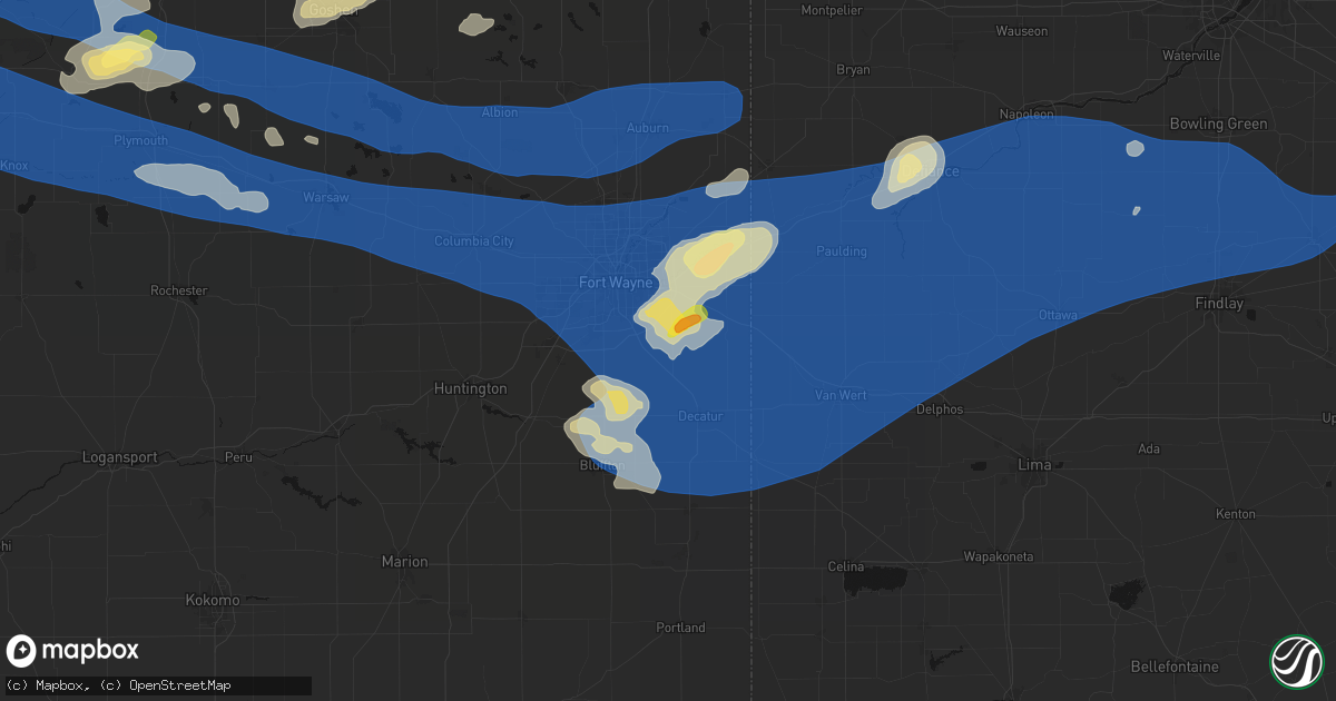 Hail map in Hoagland, IN on August 9, 2026