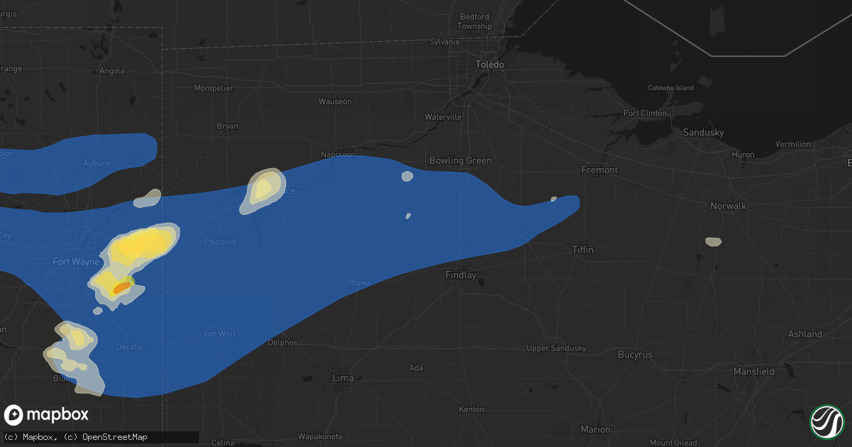 Hail map in Hoytville, OH on August 9, 2026