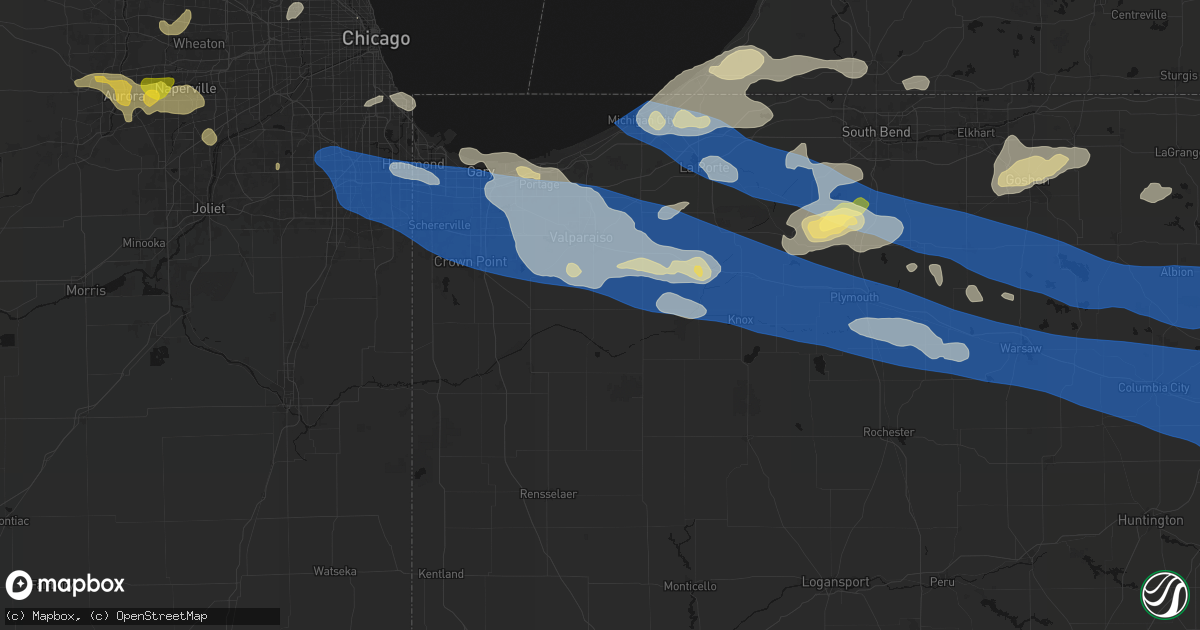 Hail map in Kouts, IN on August 9, 2026