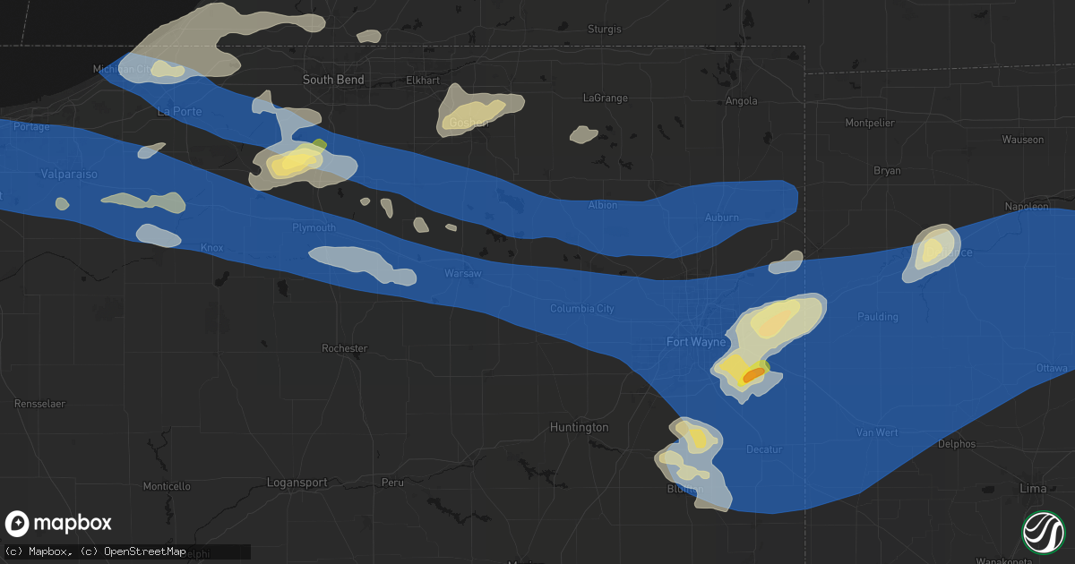 Hail map in Larwill, IN on August 9, 2026