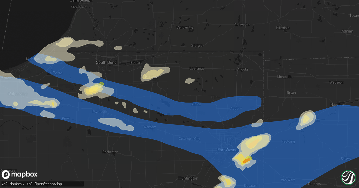 Hail map in Ligonier, IN on August 9, 2026