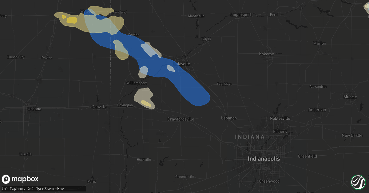 Hail map in Linden, IN on August 9, 2026