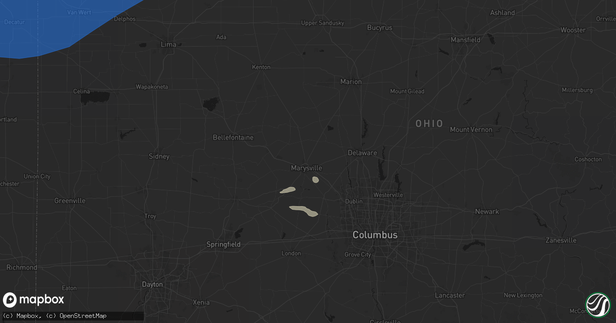 Hail map in Marysville, OH on August 9, 2026