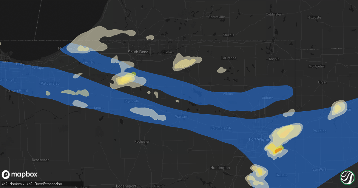 Hail map in Milford, IN on August 9, 2026