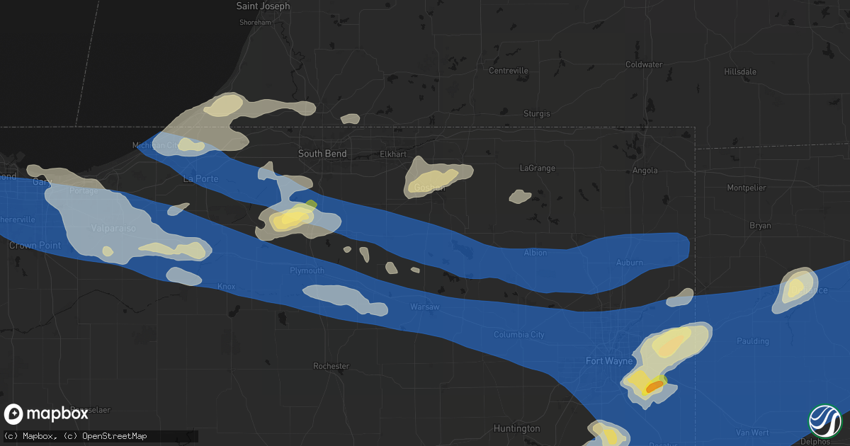 Hail map in New Paris, IN on August 9, 2026