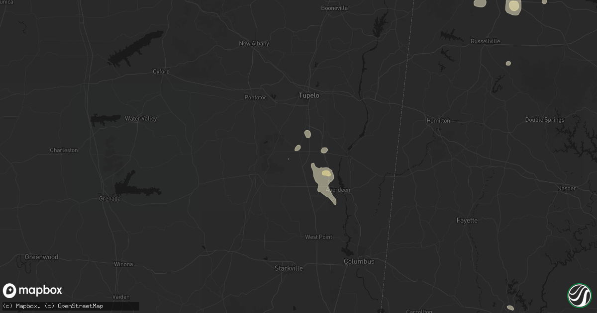 Hail map in Okolona, MS on August 9, 2026
