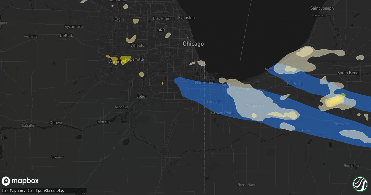 Hail map in Olympia Fields, IL on August 9, 2026