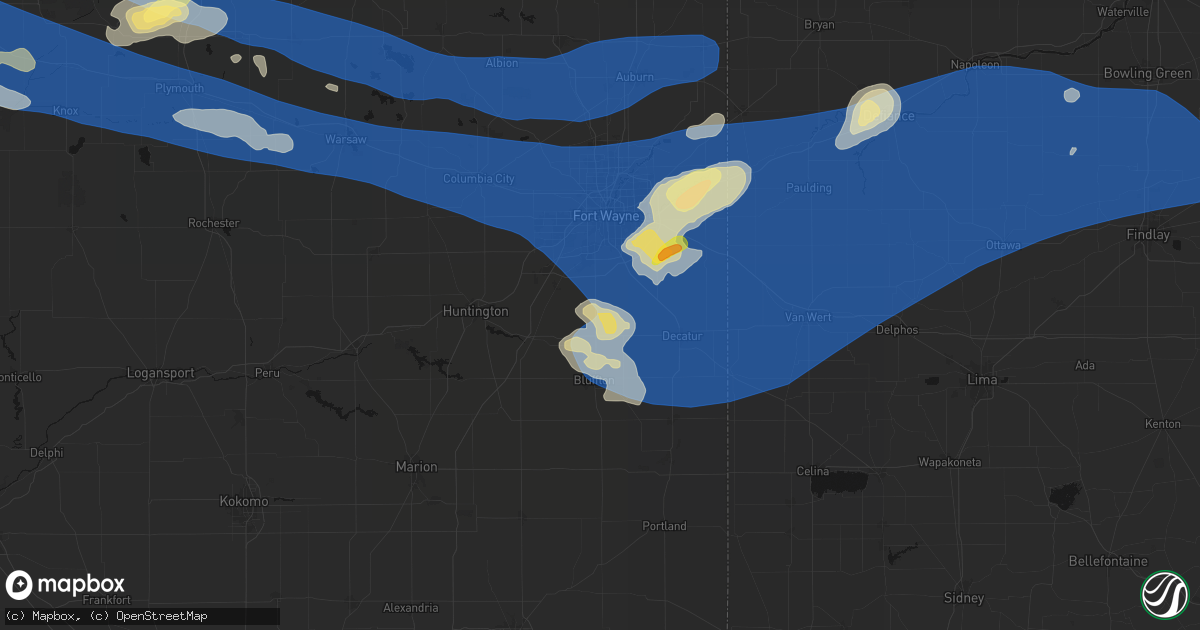 Hail map in Ossian, IN on August 9, 2026