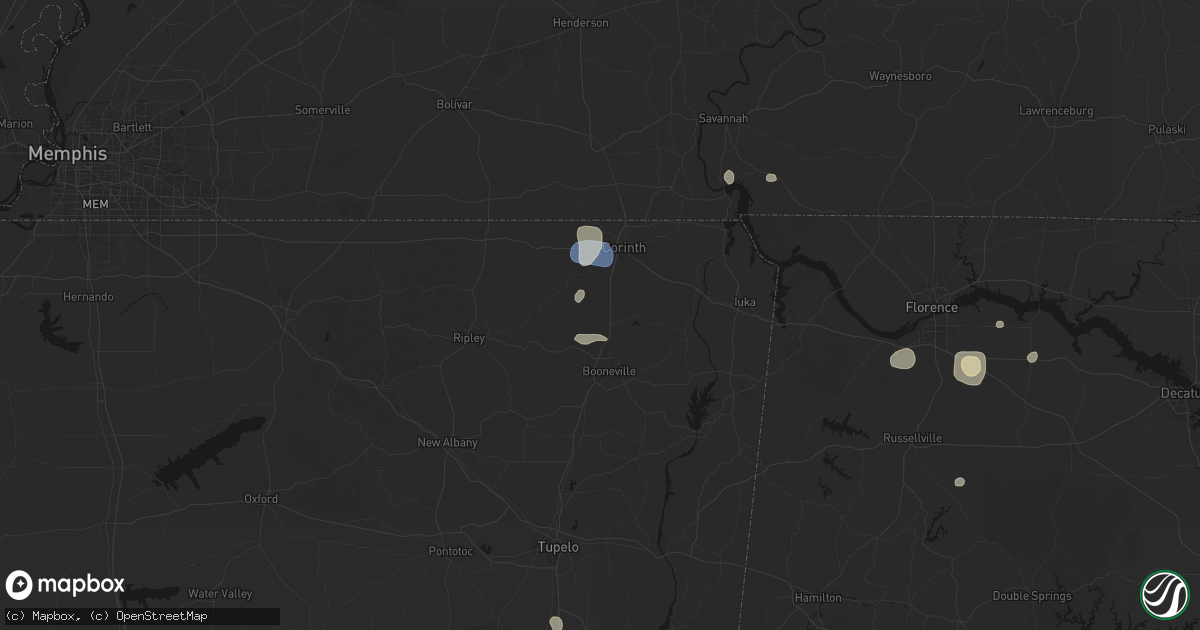 Hail map in Rienzi, MS on August 9, 2026