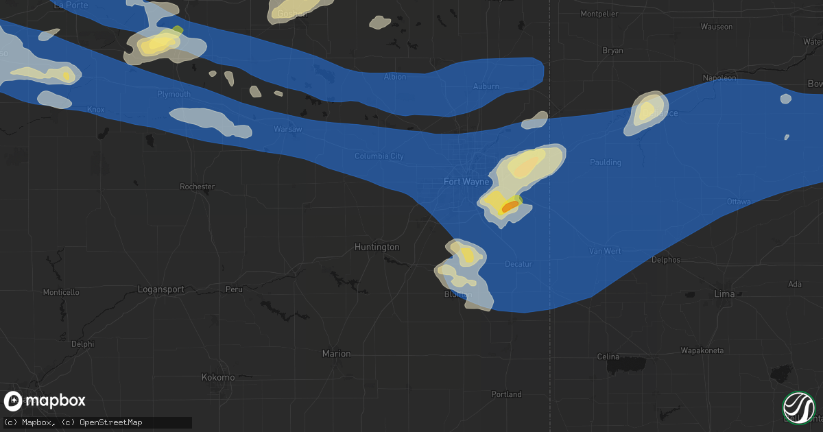 Hail map in Roanoke, IN on August 9, 2026