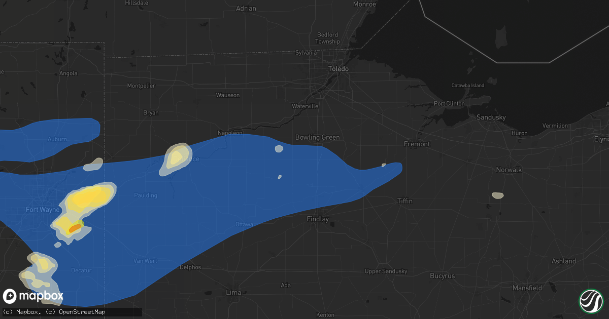 Hail map in Rudolph, OH on August 9, 2026