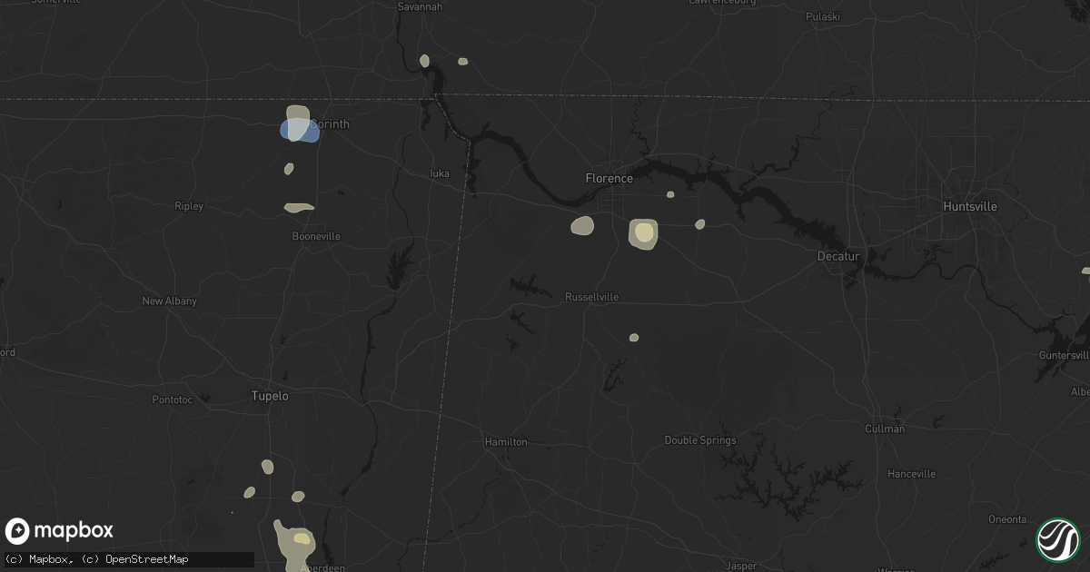 Hail map in Russellville, AL on August 9, 2026