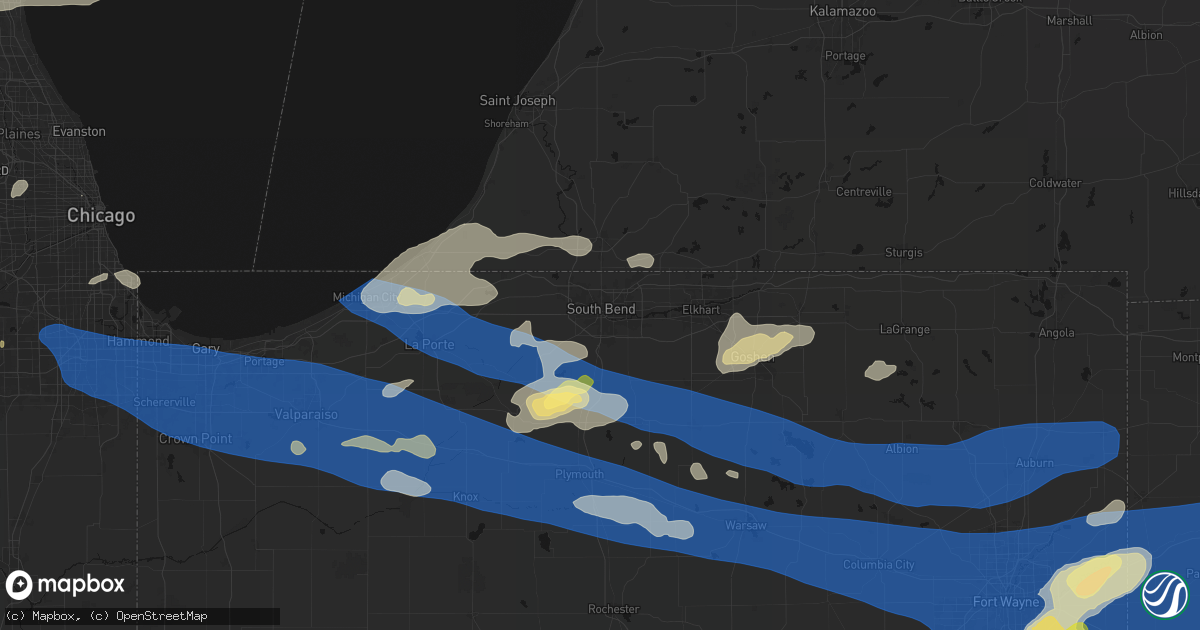 Hail map in South Bend, IN on August 9, 2026