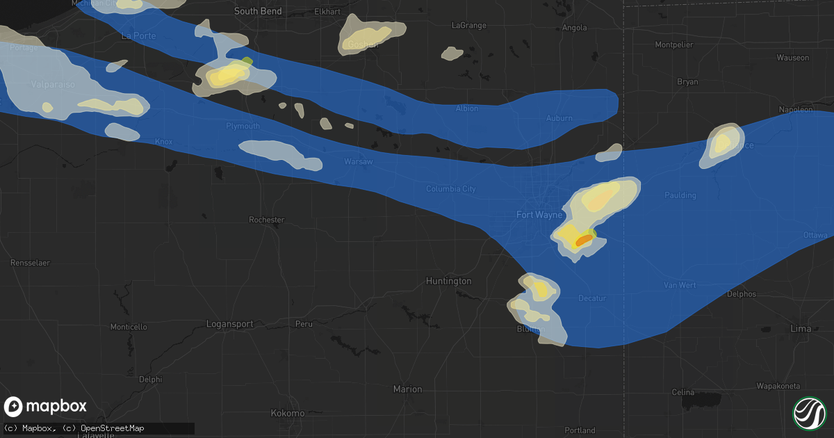 Hail map in South Whitley, IN on August 9, 2026