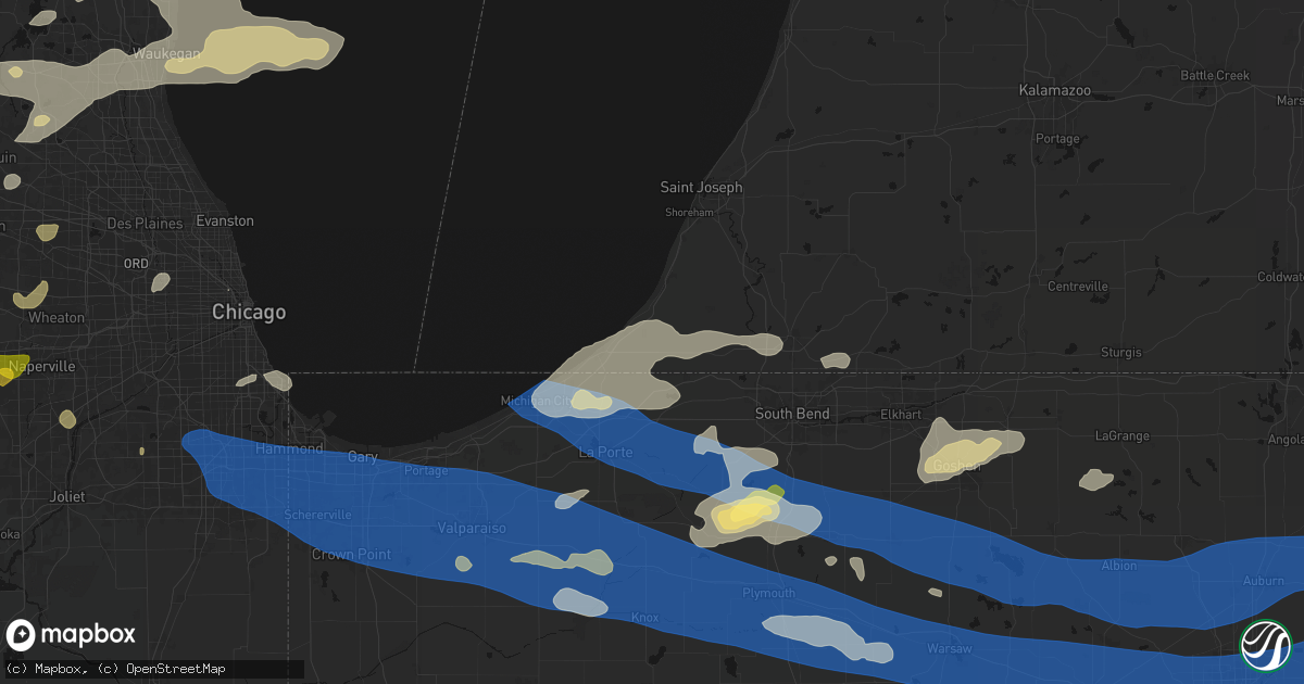 Hail map in Three Oaks, MI on August 9, 2026