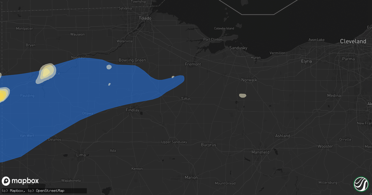 Hail map in Tiffin, OH on August 9, 2026