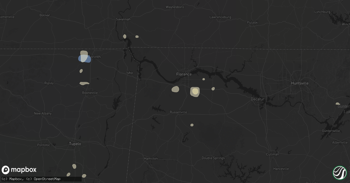 Hail map in Tuscumbia, AL on August 9, 2026