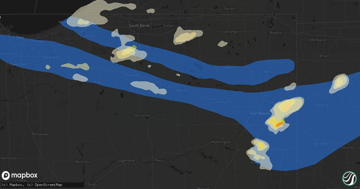 Hail map in Warsaw, IN on August 9, 2026