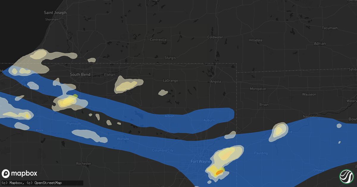 Hail map in Wolcottville, IN on August 9, 2026
