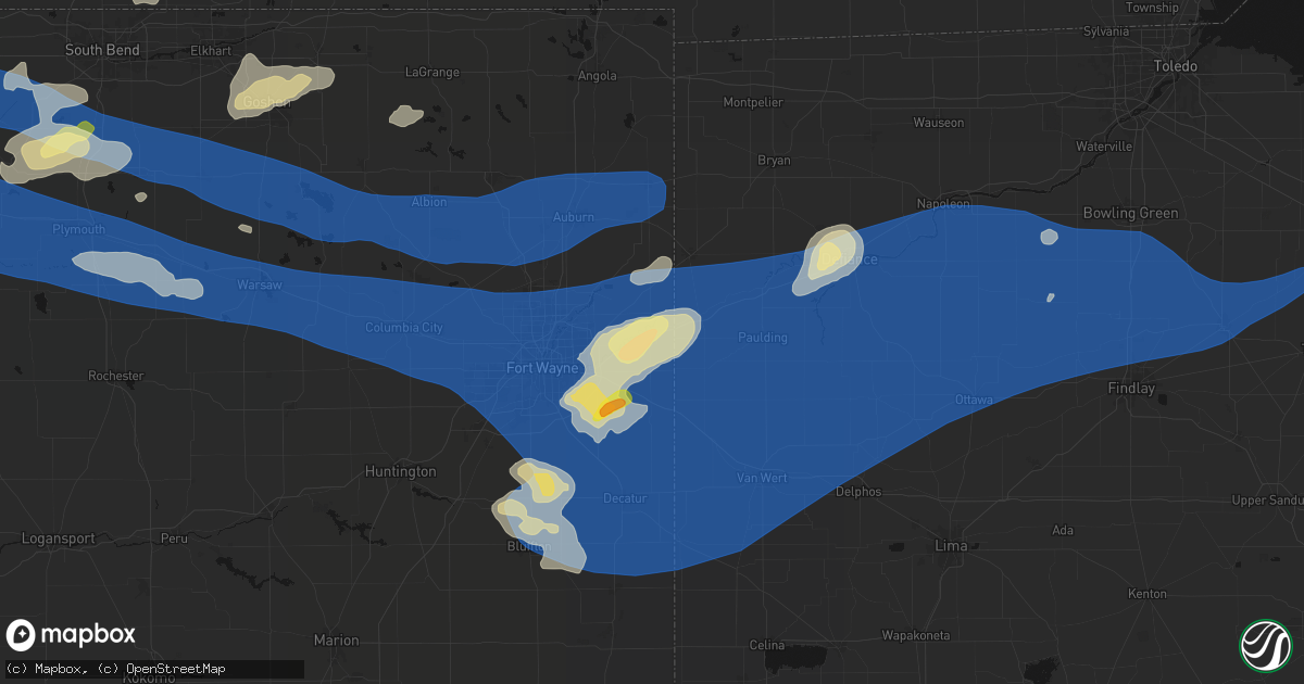 Hail map in Woodburn, IN on August 9, 2026