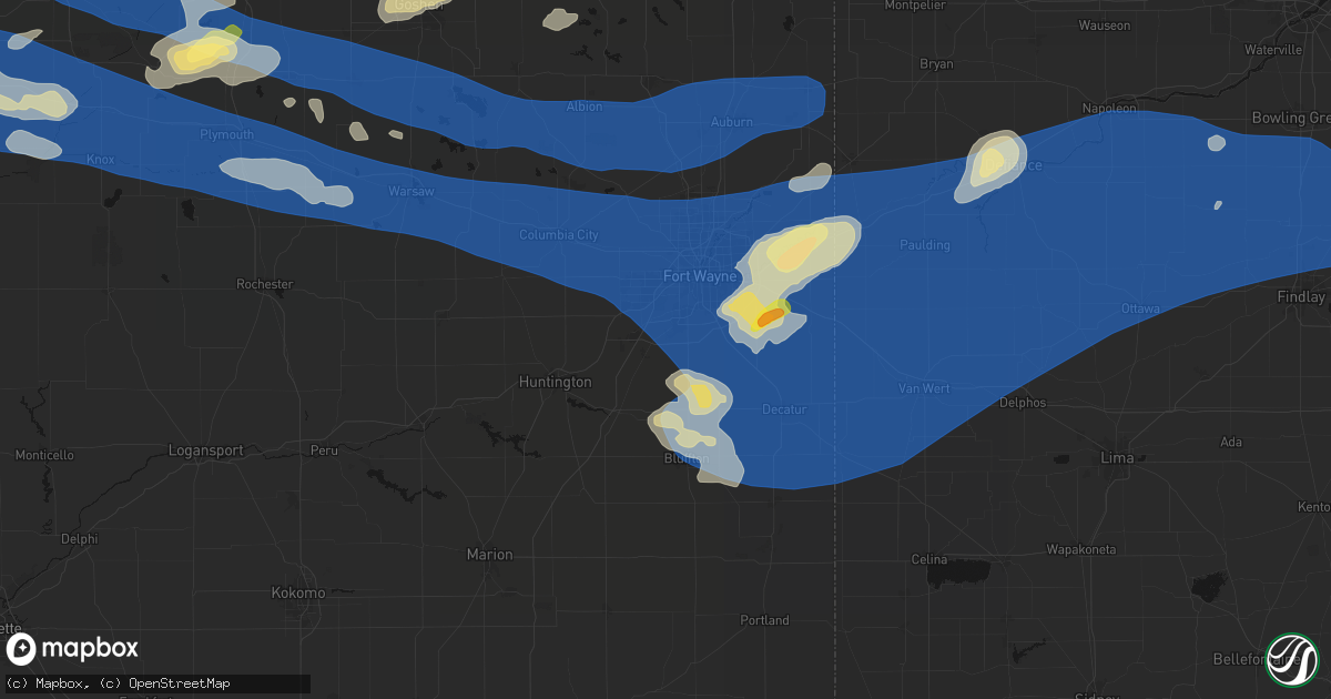 Hail map in Yoder, IN on August 9, 2026