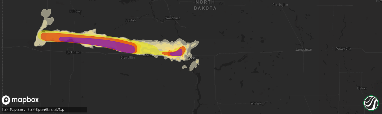 Hail map in Bismarck, ND on August 10, 2016