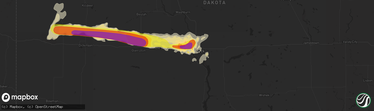 Hail map in Mandan, ND on August 10, 2016