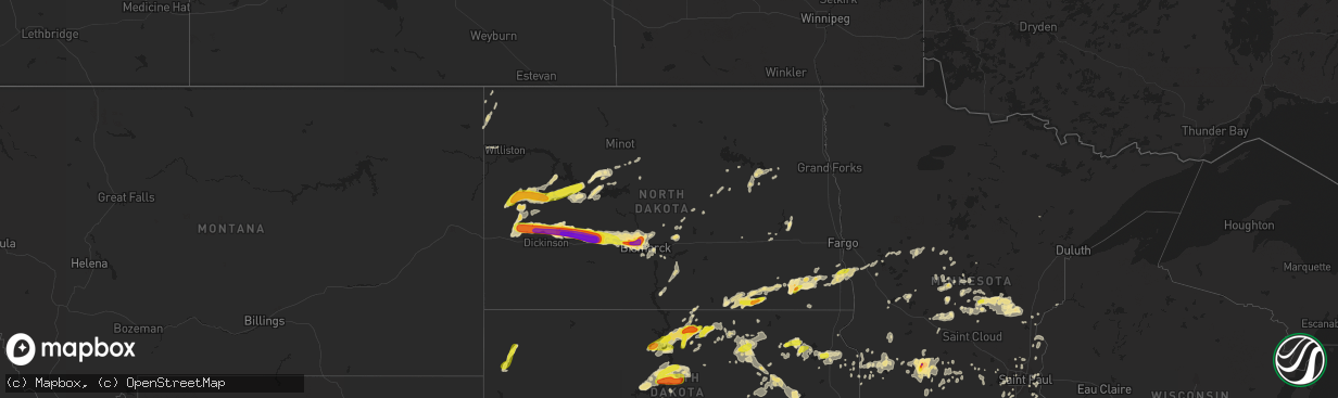 Hail map in North Dakota on August 10, 2016