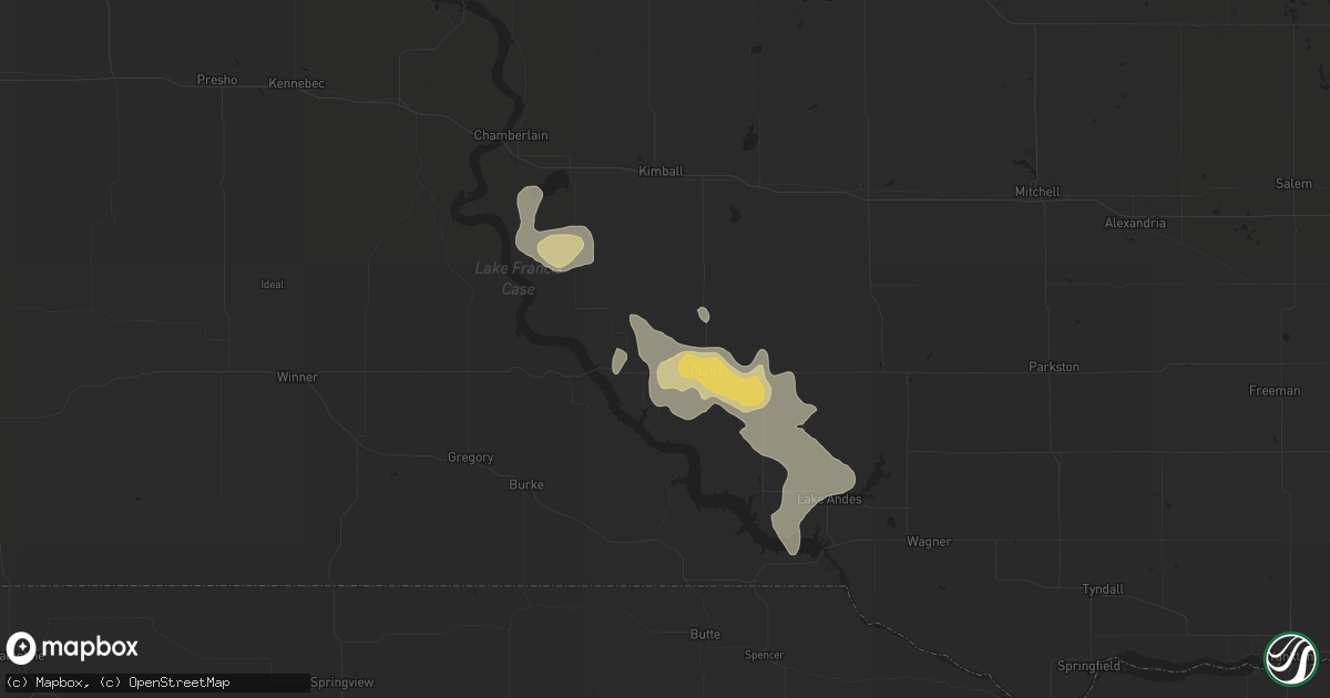 Hail map in Platte, SD on August 10, 2016