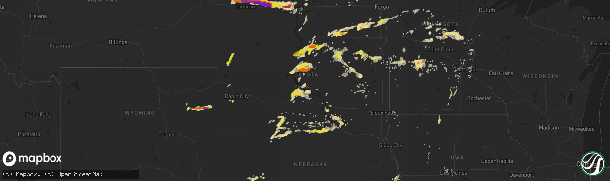 Hail map in South Dakota on August 10, 2016