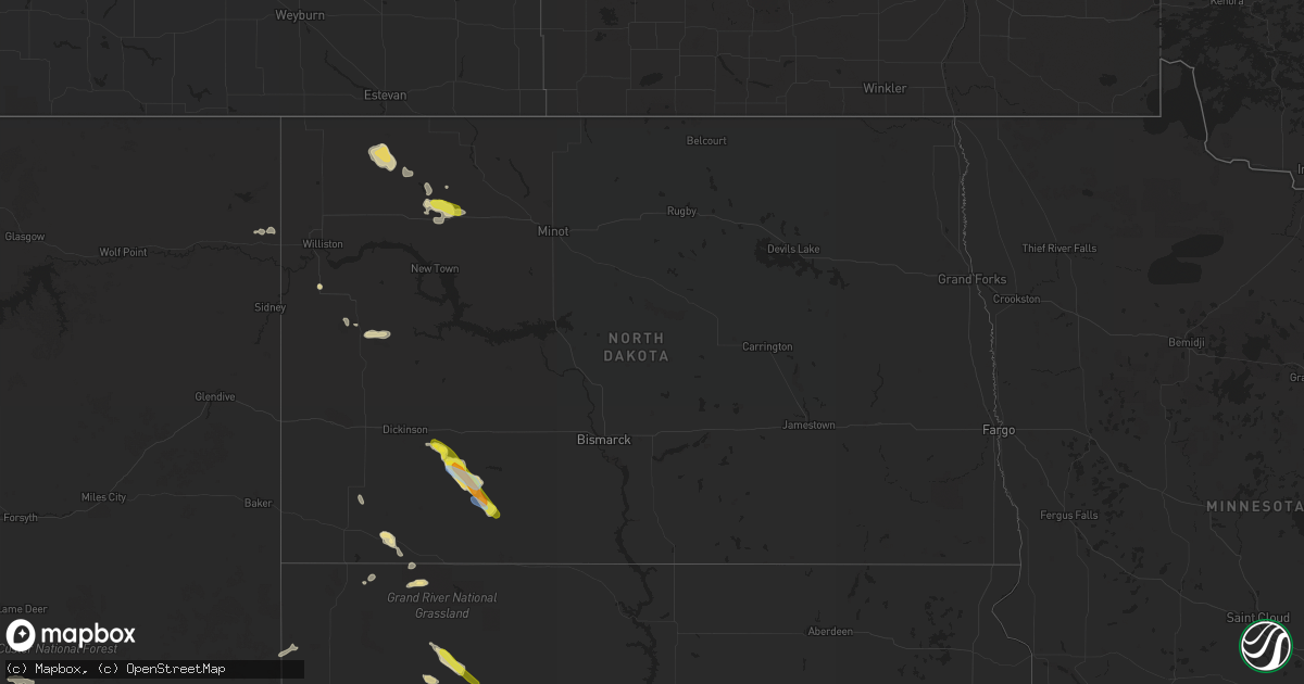 Hail map in North Dakota on August 10, 2019