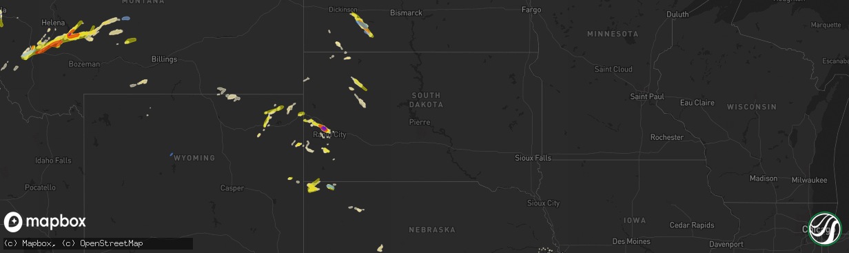 Hail map in South Dakota on August 10, 2019