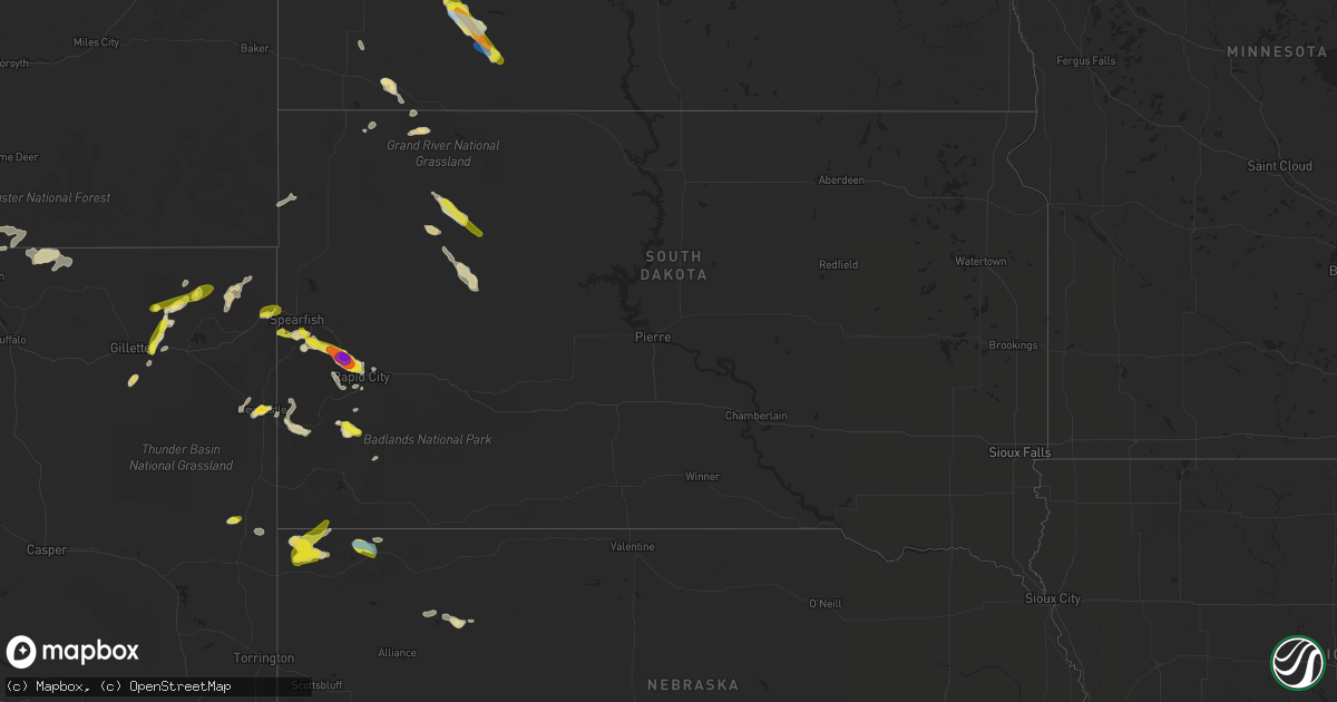 Hail map in South Dakota on August 10, 2019