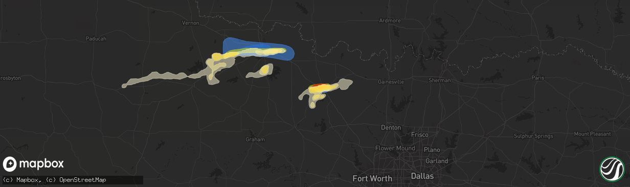 Hail map in Bowie, TX on August 10, 2023