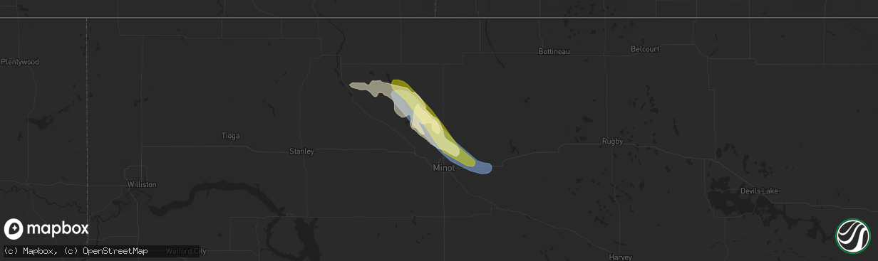 Hail map in Minot Afb, ND on August 10, 2023