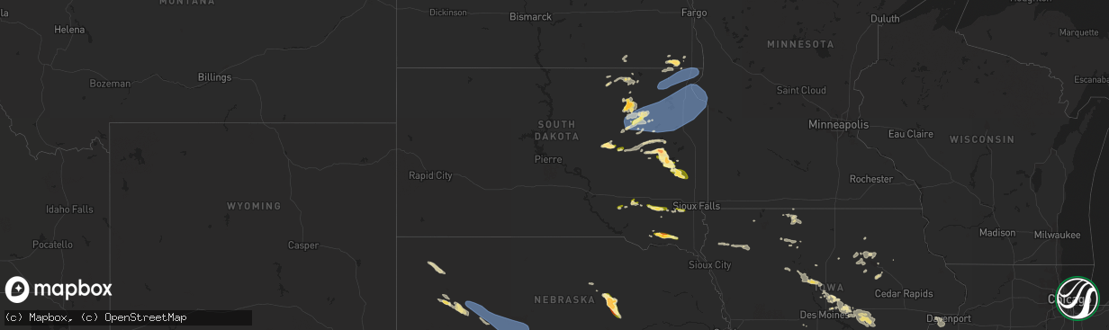 Hail map in South Dakota on August 10, 2023
