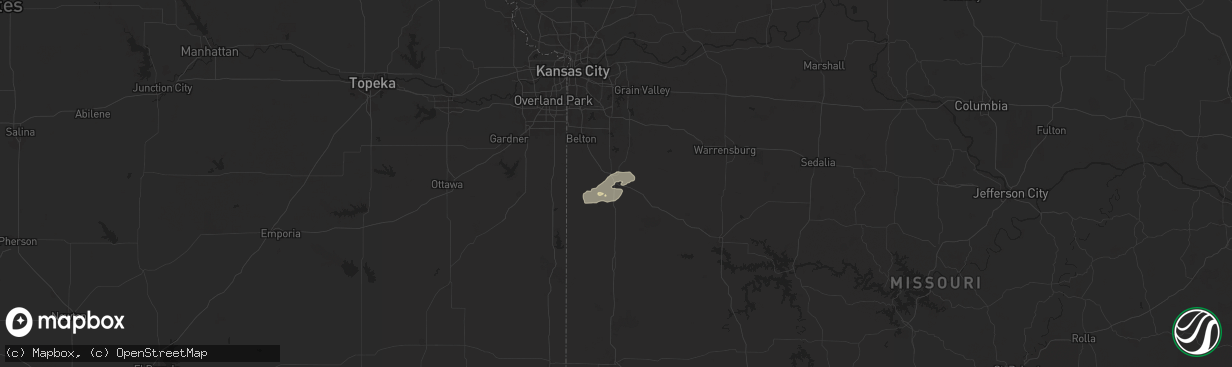 Hail map in Harrisonville, MO on August 10, 2025